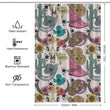 Boots Cactus Bull Skull Sunflower Rustic Vintage Farmhouse Western Shower Curtain-Cottoncat with a rustic vintage farmhouse design featuring cowboy hats, boots, cacti, and floral patterns. Dimensions are 183 cm x 122 cm. It is water-resistant, heat resistant, non-transparent, and machine washable.