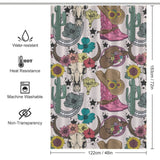 Boots Cactus Bull Skull Sunflower Rustic Vintage Farmhouse Western Shower Curtain-Cottoncat with a rustic vintage farmhouse design featuring cowboy hats, boots, cacti, and floral patterns. Dimensions are 183 cm x 122 cm. It is water-resistant, heat resistant, non-transparent, and machine washable.