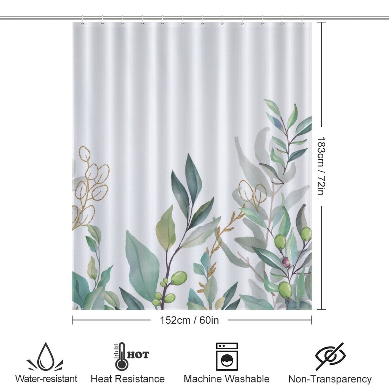 Cotton Cat Watercolor Sage Green Eucalyptus Botanical Leaves Shower Curtain-Cottoncat with a botanical design featuring watercolor sage green eucalyptus leaves, dimensions of 152 cm x 183 cm (60 in x 72 in). Features include water resistance, heat resistance, machine washability, and non-transparency.