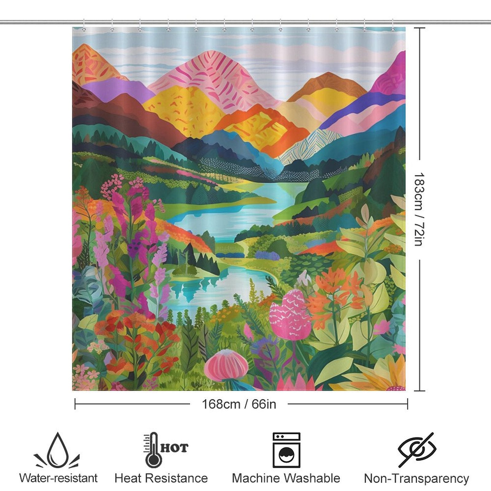 Colorful Nature Forest Lake Watercolor Art Painting Landscape Colorful Green Mountain Abstact Shower Curtain-Cottoncat featuring a vibrant watercolor art painting of a green mountain and lake scene, with various plants and flowers in the foreground. It measures 183 cm by 168 cm and is water-resistant, heat-resistant, and machine washable.
Brand Name: Cotton Cat