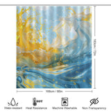 Abstract Yellow and Blue Wave Ocean Watercolor Shower Curtain-Cottoncat from Cotton Cat, measuring 183x168 cm (72x66 in). It is water-resistant, heat-resistant, machine washable, and non-transparent—perfect for watercolor bathroom decor.