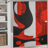 A bathroom with a Cotton Cat Mid Century Modern Geometric Art Minimalist Grey Red and Black Abstract Shower Curtain-Cottoncat. Nearby shelves hold folded towels and woven baskets.