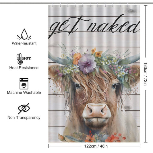 This Funny Letters Get Naked Flower Highland Cow Shower Curtain-Cottoncat features a watercolor-style cow with a flower crown, complemented by icons indicating water resistance, heat resistance, machine washability, and non-transparency. Perfect for adding charm to your "Get Naked" bathroom decor, with dimensions provided.
