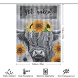 Highland Cow Black and White Funny Letters Sunflower Get Naked Shower Curtain-Cottoncat with a cow and sunflower design, featuring the text "get naked." Measuring 183cm by 140cm, it's water-resistant, heat-resistant, machine washable, and non-transparent—a perfect blend of sunflower bathroom decor and practicality.