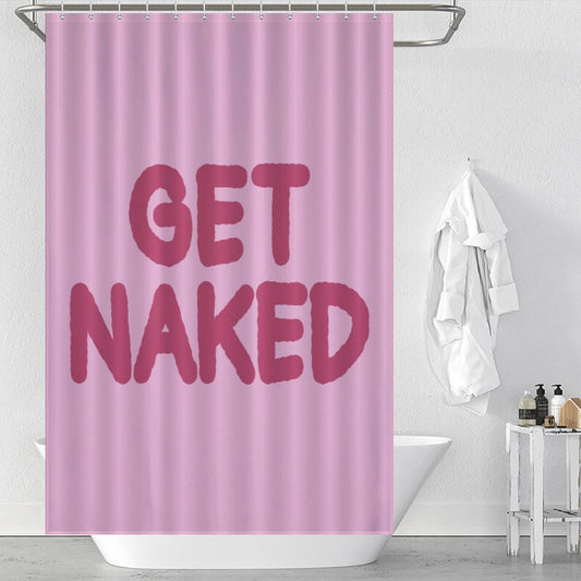 This humorous shower curtain, the Simple Funny Letters Pink Get Naked Shower Curtain-Cottoncat by Cotton Cat, features the phrase "GET NAKED" in bold, black and white letters. Made from waterproof fabric, it adds a touch of fun to your bathroom. In the background, a white towel hangs on a hook and several toiletries line the bathtub's edge.