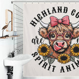 A whimsical bathroom decor featuring a Cute Sunflower Glasses Highland Cow Shower Curtain-Cottoncat with a cartoon cow wearing sunflower glasses and a bow, surrounded by sunflowers. The text on the curtain reads, "Highland cows are my spirit animal.