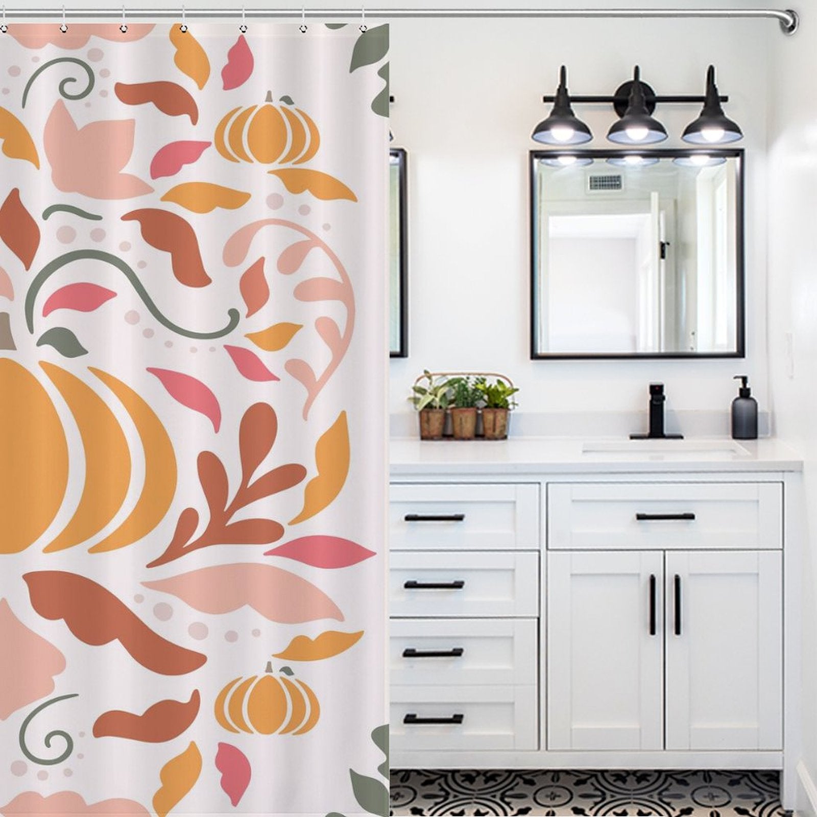 A Bohemian bathroom with a white vanity, black fixtures, potted plants, and a patterned shower curtain featuring the Boho Fall Pumpkins Pink Floral Shower Curtain-Cottoncat by Cotton Cat.