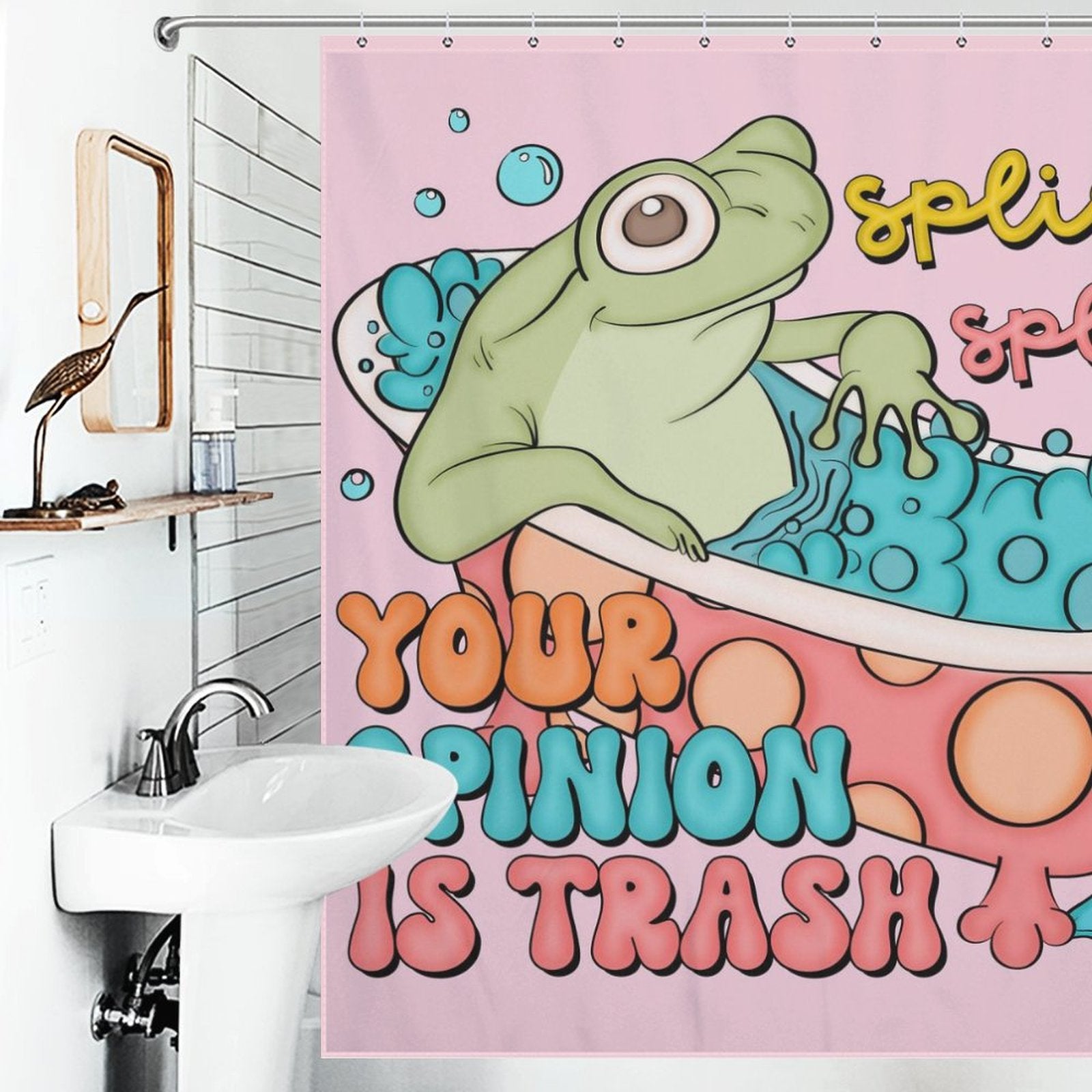 The Funny Humor Sarcastic Froggy Shower Curtain-Cottoncat by Cotton Cat features a cartoon frog in a bathtub and the text "Your opinion is trash" in colorful bubble letters.