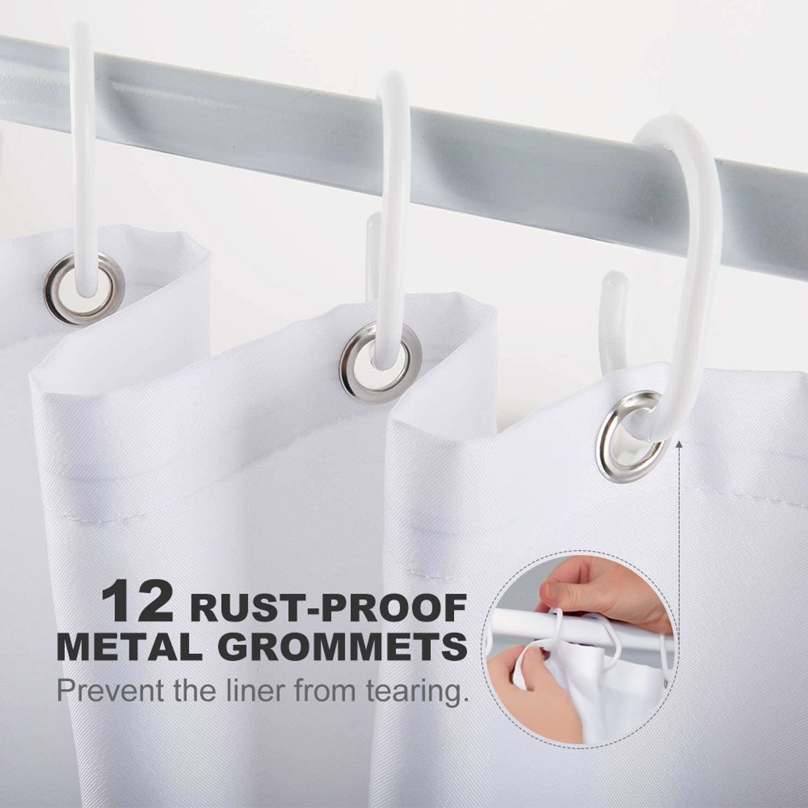 A close-up of a white curtain with metal grommets hanging from a rod. Text reads, "12 rust-proof metal grommets. Prevent the liner from tearing." This stylish curtain could complement an abstract design or even a Colorful Abstract Elephant Shower Curtain-Cottoncat by Cotton Cat.