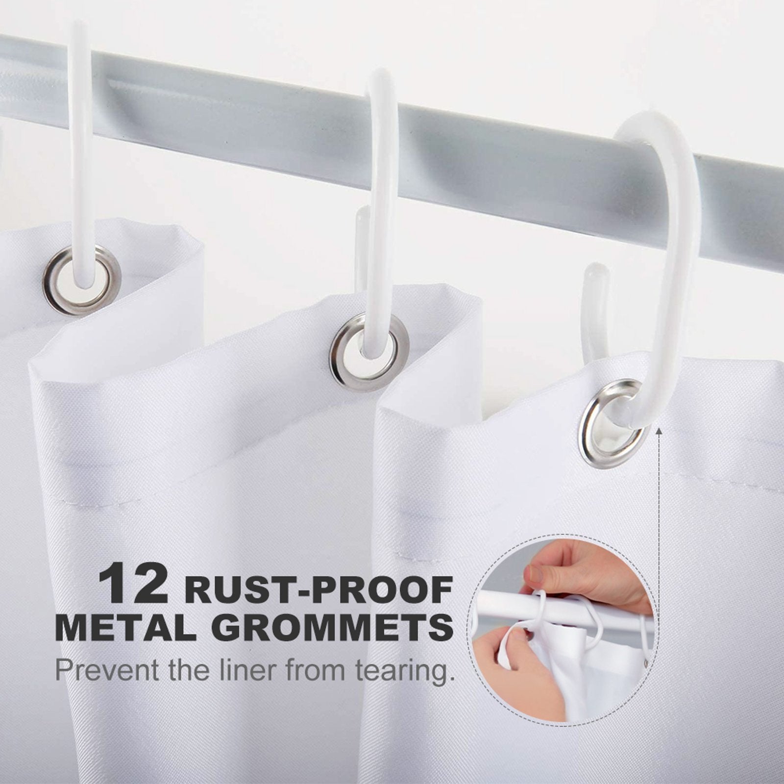 Close-up of white shower curtain with white hooks on a rod. Text reads "12 Rust-Proof Metal Grommets - Prevent the liner from tearing." A small image inset shows a hand holding the Funny Cowboy Cool Meowdy Partner Cat Shower Curtain-Cottoncat featuring a whimsical cowboy cat design.