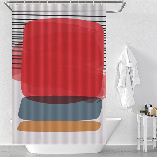 A bathroom with a white bathtub, a **Modern Geometric Art Minimalist Simple Red Blue Orange Abstract Shower Curtain-Cottoncat** by **Cotton Cat**, and a towel hanging on the wall. Various toiletries are placed on the bathtub's edge.