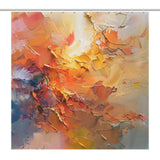 Abstract painting with a blend of bright, warm colors, including various shades of burnt orange, yellow, and red, with contrasting touches of blue and grey. This **Burnt Orange Abstract Oil Painting Modern Art Yellow Blue Brushstrokes Shower Curtain-Cottoncat** by **Cotton Cat** features a textured and dynamic composition that is waterproof and mildew-resistant.