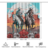 A Cowboy Riding Horses Western Shower Curtain-Cottoncat by Cotton Cat featuring two cowboys riding horses in a desert landscape with mountains and cacti. Flowers are in the foreground. Icons below indicate water resistance, heat resistance, and more. Ideal for a Western-themed bathroom.