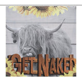 A Highland cow with long hair and horns stands behind a wooden sign that reads "GET NAKED." Sunflowers are displayed at the top and bottom of the image, creating the perfect design for a Highland Cow Sunflowers Get Naked Shower Curtain-Cottoncat by Cotton Cat.