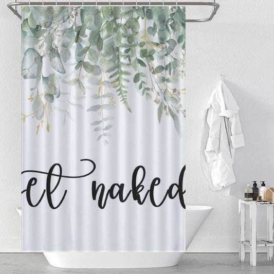 A white shower curtain with a green eucalyptus leaves print and the words "get naked" in black script font, the Get Naked Funny Letters Eucalyptus Leaves Print Shower Curtain-Cottoncat by Cotton Cat. A white bathrobe hangs nearby, and various toiletries are placed on a tub ledge, creating a cohesive bathroom decor.