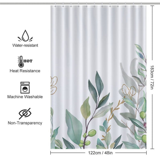 A white shower curtain adorned with watercolor eucalyptus leaves, featuring icons that indicate it's water-resistant, heat-resistant, machine washable, and non-transparent. Perfect for sage green bathroom decor, it measures 122 cm by 183 cm. The Watercolor Sage Green Eucalyptus Botanical Leaves Shower Curtain-Cottoncat by Cotton Cat is ideal for adding a touch of nature to your space.