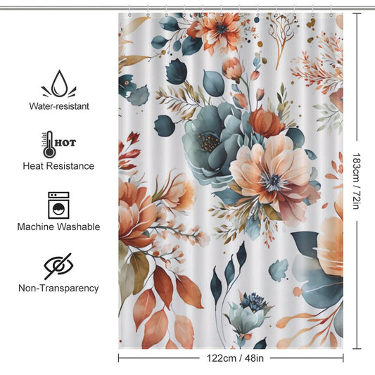 The Boho Watercolor Flower Shower Curtain-Cottoncat combines a floral pattern with an artistic design. Featuring icons for water resistance, heat resistance, machine washability, and non-transparency, this shower curtain adds bohemian charm to your bathroom. Dimensions: 183 cm x 122 cm (72 in x 48 in).