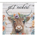 A Funny Letters Get Naked Flower Highland Cow Shower Curtain-Cottoncat with a colorful flower crown, set against a wooden plank background and "get naked" written in cursive at the top.
