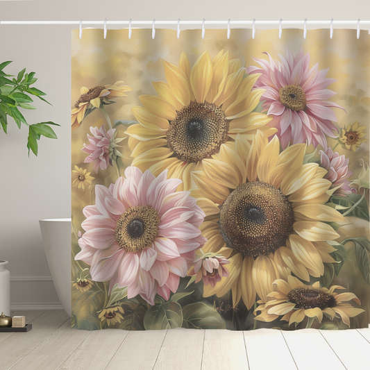 An **Artistic Painting Pink & Yellow Sunflower Shower Curtain-Cottoncat** from **Cotton Cat**, adorned with a detailed floral design of pink and yellow sunflowers, beautifully complements a bathroom with a white bathtub and a green potted plant.