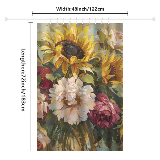 An artistic shower curtain by Cotton Cat, the Yellow Oil Paint Sunflower Pink Flower Shower Curtain-Cottoncat measures 48 by 72 inches and features a stunning oil paint design of sunflowers and roses, adding vibrant charm to any bathroom.