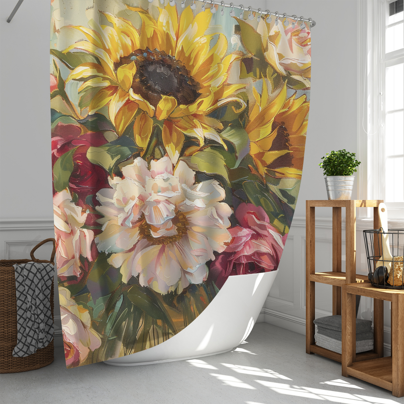 A bathroom with a white tub, a wooden stool holding various toiletries, and an artistic shower curtain by Cotton Cat, featuring an oil paint design showcasing sunflowers and pink flowers.