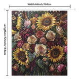 The Whimsical Sunflower Red Roses Shower Curtain from Cotton Cat features a delightful floral tapestry adorned with various flowers, particularly roses and sunflowers. Made from polyester, it measures 66 inches (168 cm) in width and 72 inches (183 cm) in length.