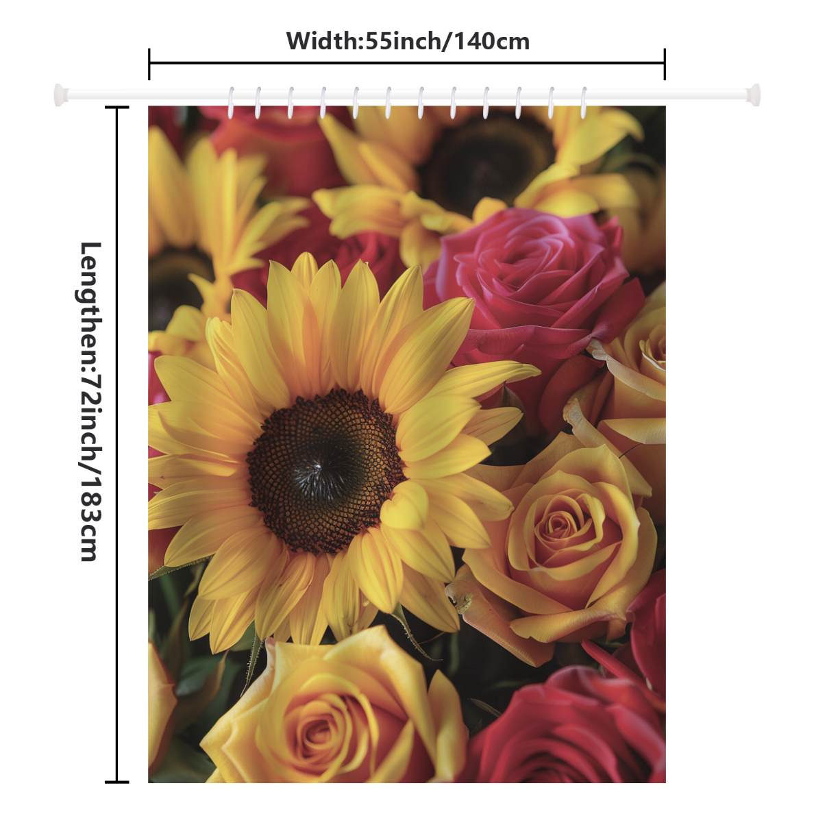 The Cotton Cat Rustic 3D Sunflower Roses Shower Curtain features a vibrant floral arrangement of sunflower roses, perfect for adding an elegant touch to farmhouse bathroom decor. Measuring 55 inches (140 cm) in width and 72 inches (183 cm) in length, it includes a row of curtain hooks at the top for easy hanging.