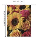 The Cotton Cat Rustic 3D Sunflower Roses Shower Curtain features a vibrant floral arrangement of sunflower roses, perfect for adding an elegant touch to farmhouse bathroom decor. Measuring 55 inches (140 cm) in width and 72 inches (183 cm) in length, it includes a row of curtain hooks at the top for easy hanging.