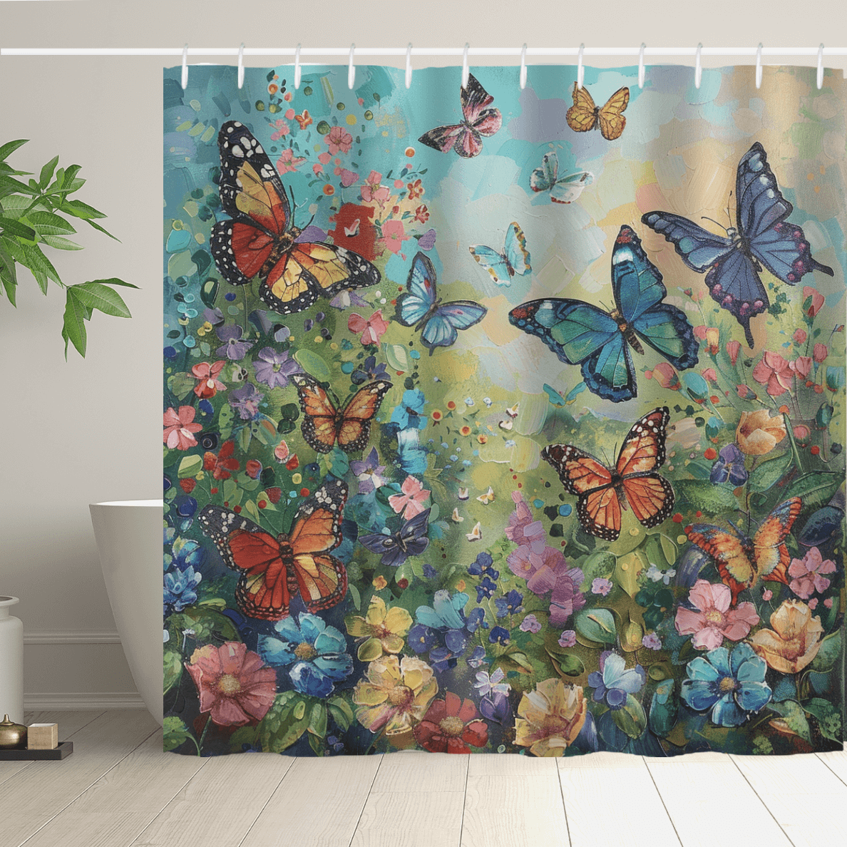 The whimsical Colorful Blue Butterfly Shower Curtain-Cottoncat by Cotton Cat is crafted from high-quality water-resistant fabric and features a vivid design of colorful butterflies and flowers against a blue and green background. A potted plant and bathtub are partially visible behind it, creating a vibrant sanctuary.