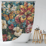 A bathroom with a white bathtub, a Colorful Blue Butterfly Garden Shower Curtain by Cotton Cat, and a small wooden stool with various toiletries.