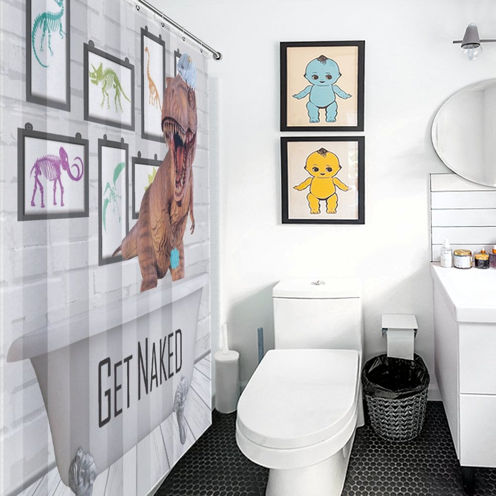 A bathroom with a Funny Dinosaur Get Naked Shower Curtain-Cottoncat by Cotton Cat, wall art of colorful cartoon characters, toilet, sink, and mirror. This playful bathroom decor ensures a whimsical atmosphere for both kids and adults alike.
