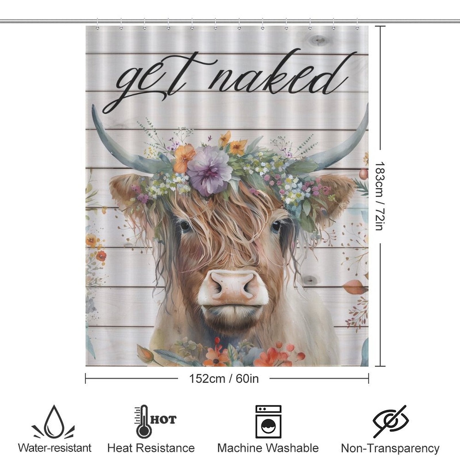 This Funny Letters Get Naked Flower Highland Cow Shower Curtain-Cottoncat, adorned with a whimsical flower crown and the playful text "get naked," makes for perfect bathroom decor. Measuring 183 cm by 152 cm, it's water-resistant and machine washable.