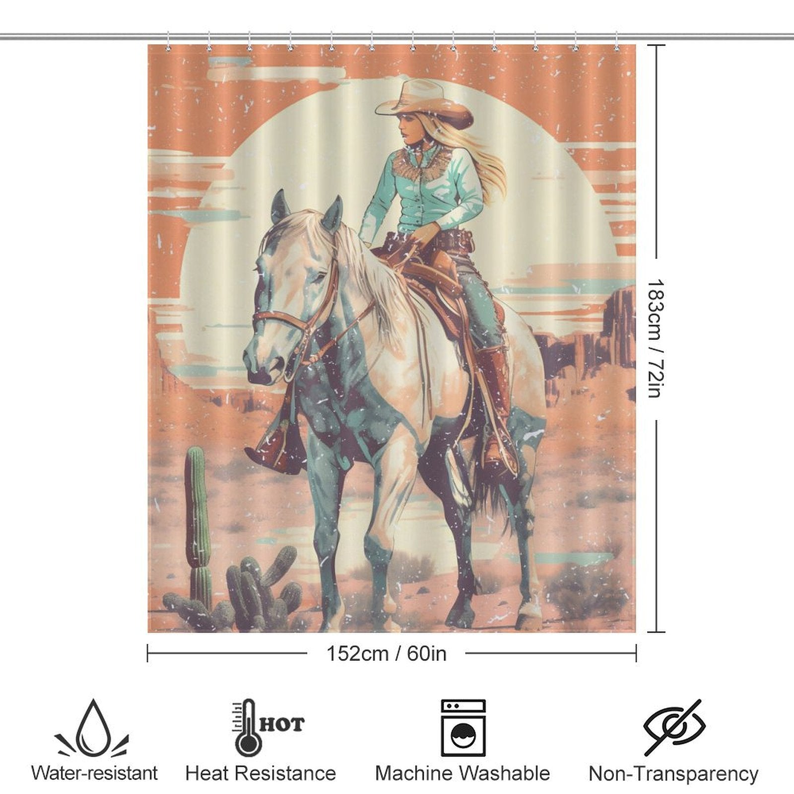 A Western-themed bathroom wouldn't be complete without the Rustic Sunrise Western Cowgirl Shower Curtain-Cottoncat from Cotton Cat, featuring an illustration of a cowboy on horseback against a rustic sunrise background. Dimensions: 183 cm (72 in) by 152 cm (60 in). Features: water-resistant, heat-resistant, machine washable.