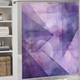 A bathroom with a minimalist decor featuring a Purple Abstract Modern Boho Geometric Art Minimalist Shower Curtain-Cottoncat by Cotton Cat, shelves with neatly arranged towels and toiletries, and a wicker basket underneath.