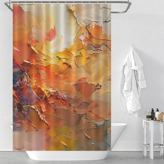 White bathroom with a Burnt Orange Abstract Oil Painting Modern Art Yellow Blue Brushstrokes Shower Curtain-Cottoncat by Cotton Cat featuring a mix of warm tones and textures. A white towel hangs on the wall, and toiletries are on the bathtub ledge, complementing the vibrant burnt orange abstract oil painting vibe.