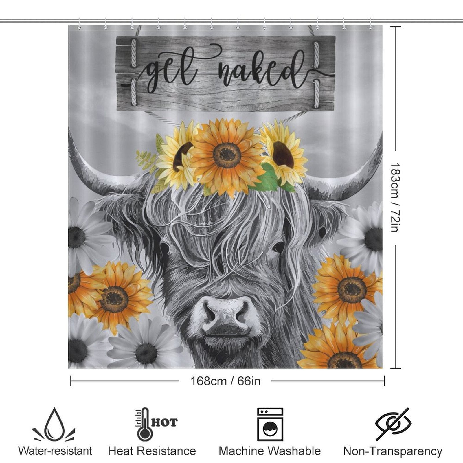 Introducing the Highland Cow Black and White Funny Letters Sunflower Get Naked Shower Curtain-Cottoncat adorned with a floral crown of sunflowers and daisies. A wooden sign above reads "Get Naked." Measuring 183cm by 168cm, this Cotton Cat shower curtain is both charming and functional, with symbols denoting its features.