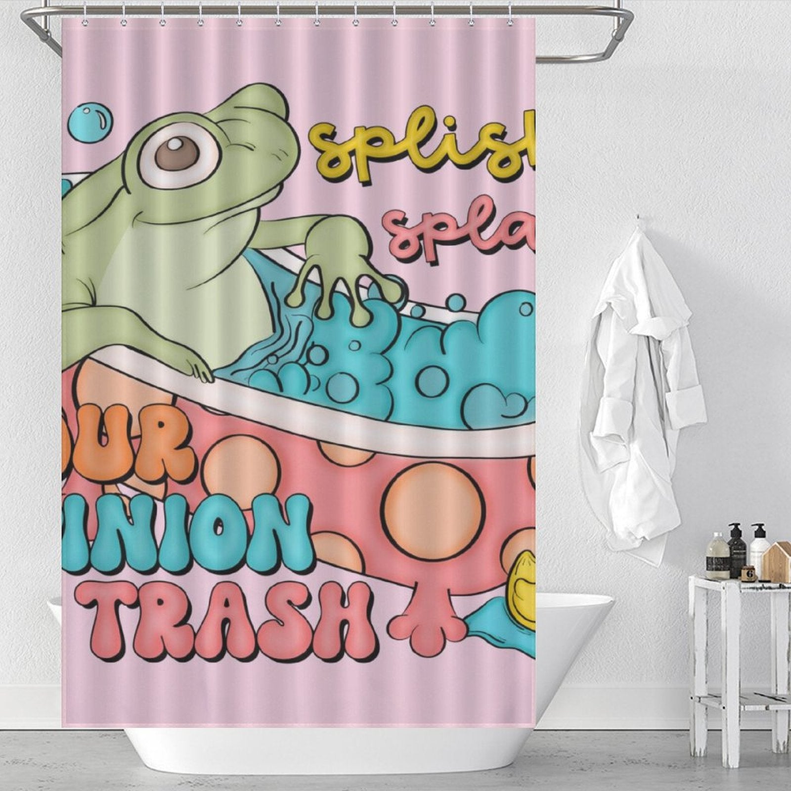 Cotton Cat's Funny Humor Sarcastic Froggy Shower Curtain-Cottoncat featuring a sarcastic froggy in a bathtub with colorful text saying, "Splish Splash, Your Opinion is Trash." A towel hangs on the wall hook beside the tub. Perfect for adding some funny humor to your bathroom decor.