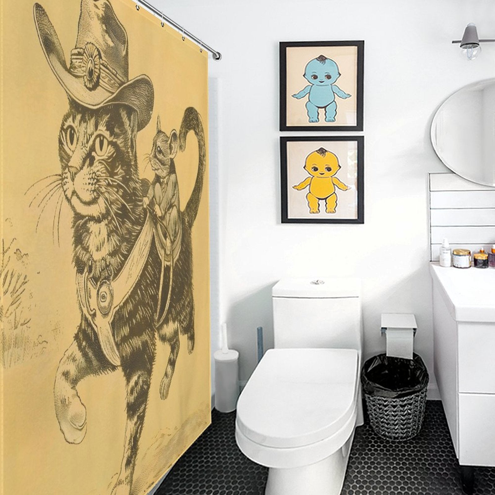 A bathroom with a Cotton Cat Funny Cool Mouse Riding Cat Shower Curtain-Cottoncat featuring a mouse riding a cat and framed art of blue and yellow cartoon characters on the wall, perfect for adding quirky bathroom decor.