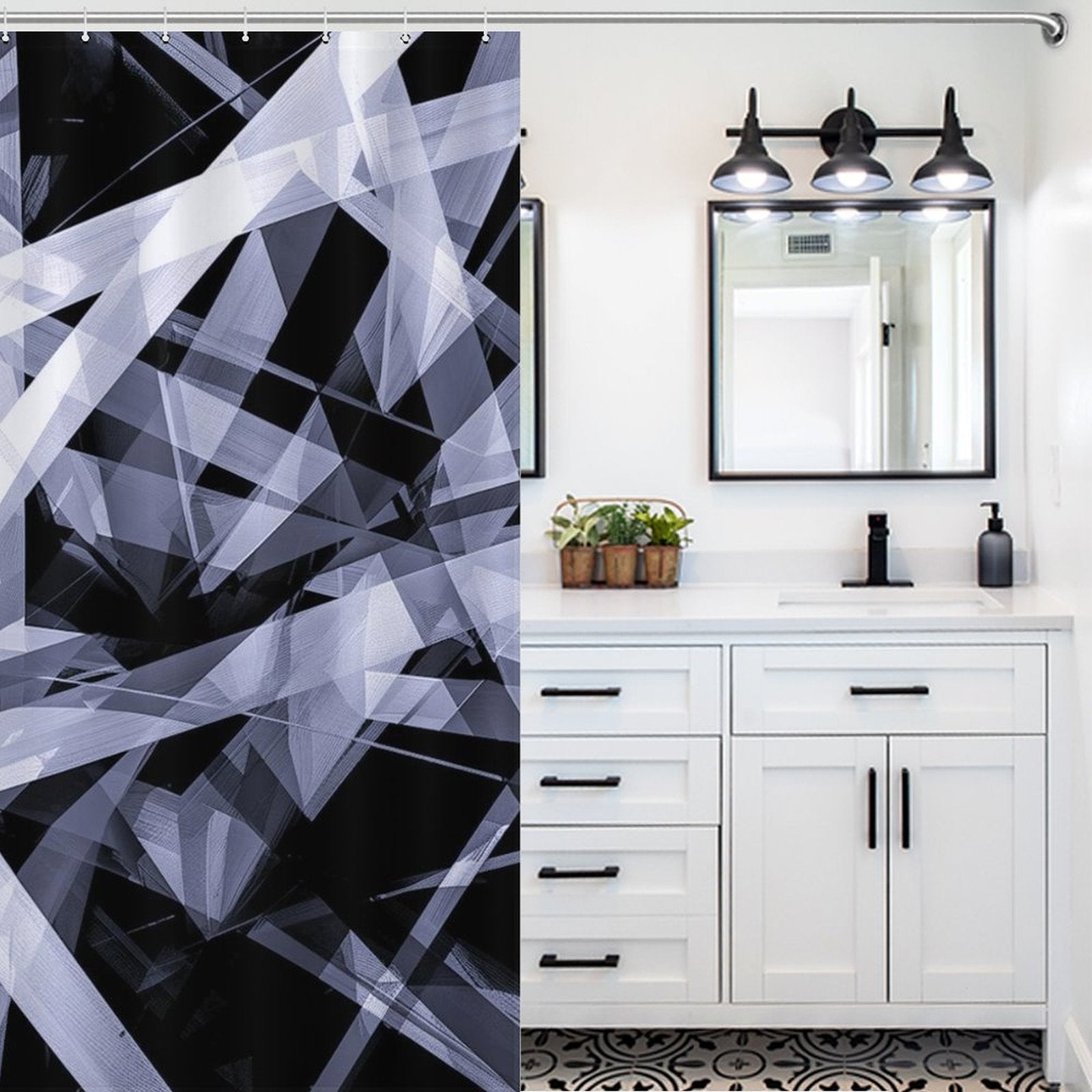 Bathroom featuring a modern Geometric Black and White Abstract Art Minimalist Line Shower Curtain-Cottoncat by Cotton Cat, a white vanity with black handles, a wall-mounted mirror, and a row of three light fixtures, embodying minimalist bathroom decor.