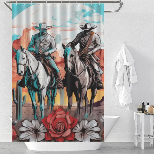 A Cowboy Riding Horses Western Shower Curtain-Cottoncat by Cotton Cat showcases two cowboys riding horses across a desert landscape, with cacti and a large red rose in the foreground, evoking classic Wild West decor.