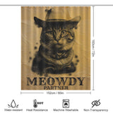 A Funny Cowboy Cool Meowdy Partner Cat Shower Curtain-Cottoncat featuring a cat in a cowboy hat and bandana with the text "MEOWDY PARTNER" and dimensions 152cm x 183cm. Icons indicate water-resistant, heat-resistant, machine washable, and non-transparent properties. Embrace the quirky cowboy cat design in your bathroom from Cotton Cat!