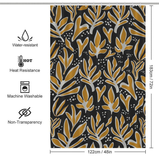 Abstract Vintage Boho Yellow Leaves Art Mid Century Leaf Shower Curtain-Cottoncat by Cotton Cat with an abstract vintage leaves pattern in orange and white on a black background. Text indicates features: water-resistant, heat resistant, machine washable, non-transparent. Dimensions: 122cm x 183cm (48in x 72in).