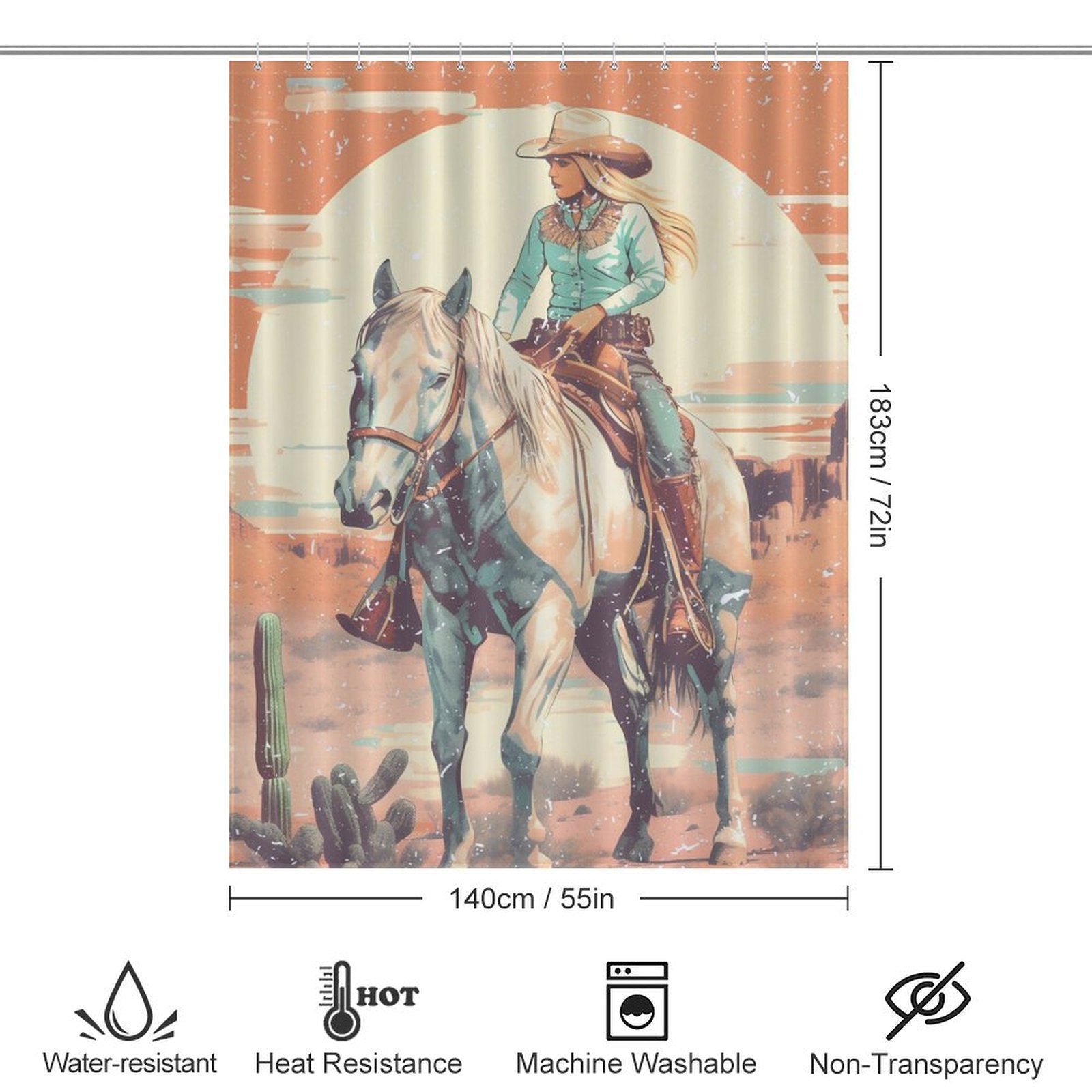 Rustic Sunrise Western Cowgirl Shower Curtain-Cottoncat by Cotton Cat depicting a cowboy on a horse in front of a rustic sunrise. Icons indicate the curtain is water-resistant, heat-resistant, machine washable, and not transparent. Perfect for a Western-themed bathroom. Dimensions are 183cm by 140cm.