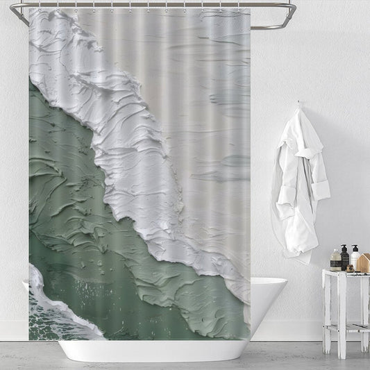 A Coastal Oil Painting Ocean Sea Green Waves Minimalist Shower Curtain Abstract Beach Shower Curtain-Cottoncat by Cotton Cat hangs over a white bathtub. Towels hang nearby, and toiletries are on a stand by the tub.