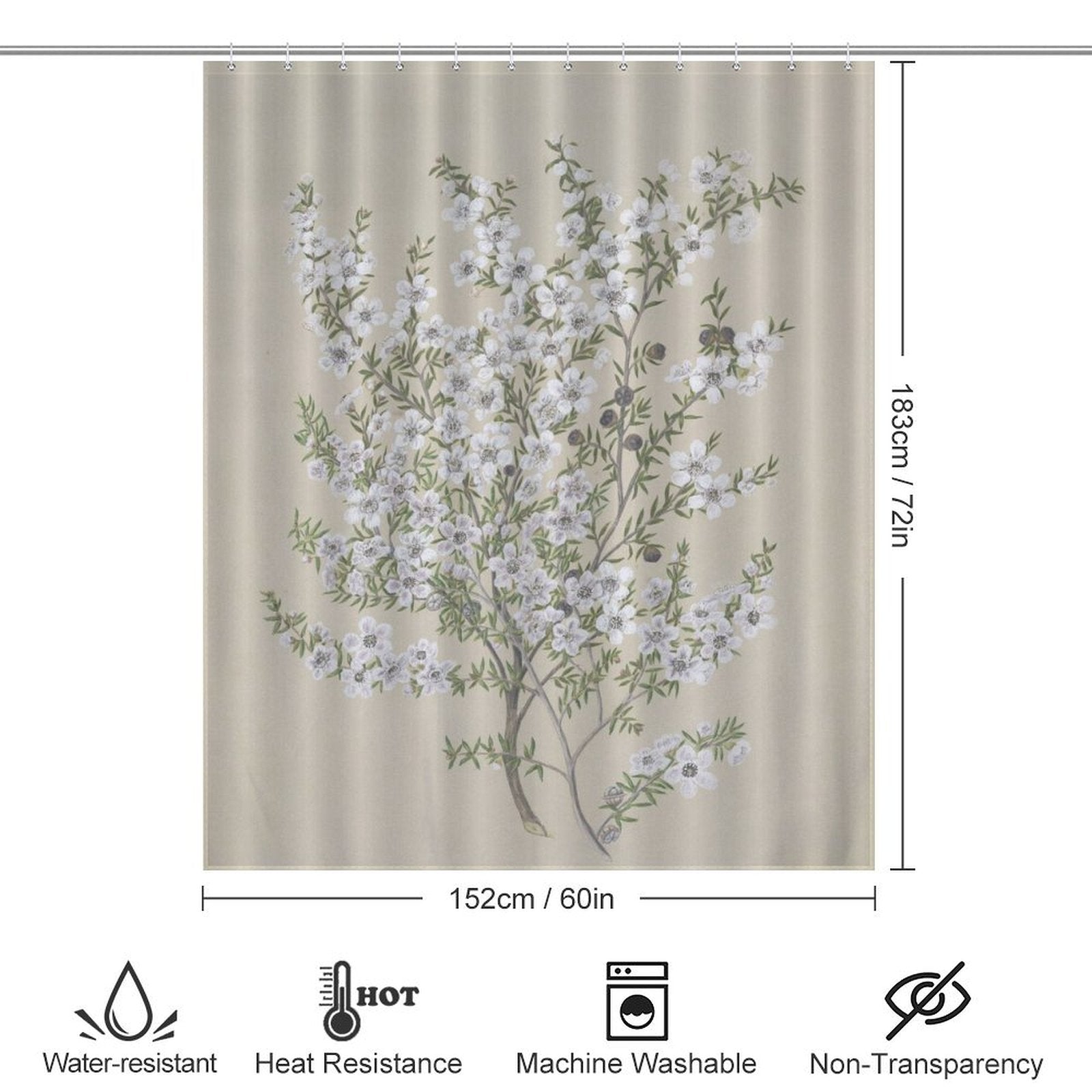 An image of a Retro Green Flower Shower Curtain-Cottoncat by Cotton Cat with dimensions 183cm x 152cm (72in x 60in). It boasts a vintage bathroom decor style, is water-resistant, heat resistant, machine washable, and non-transparent. Illustrations clearly indicate these features.
