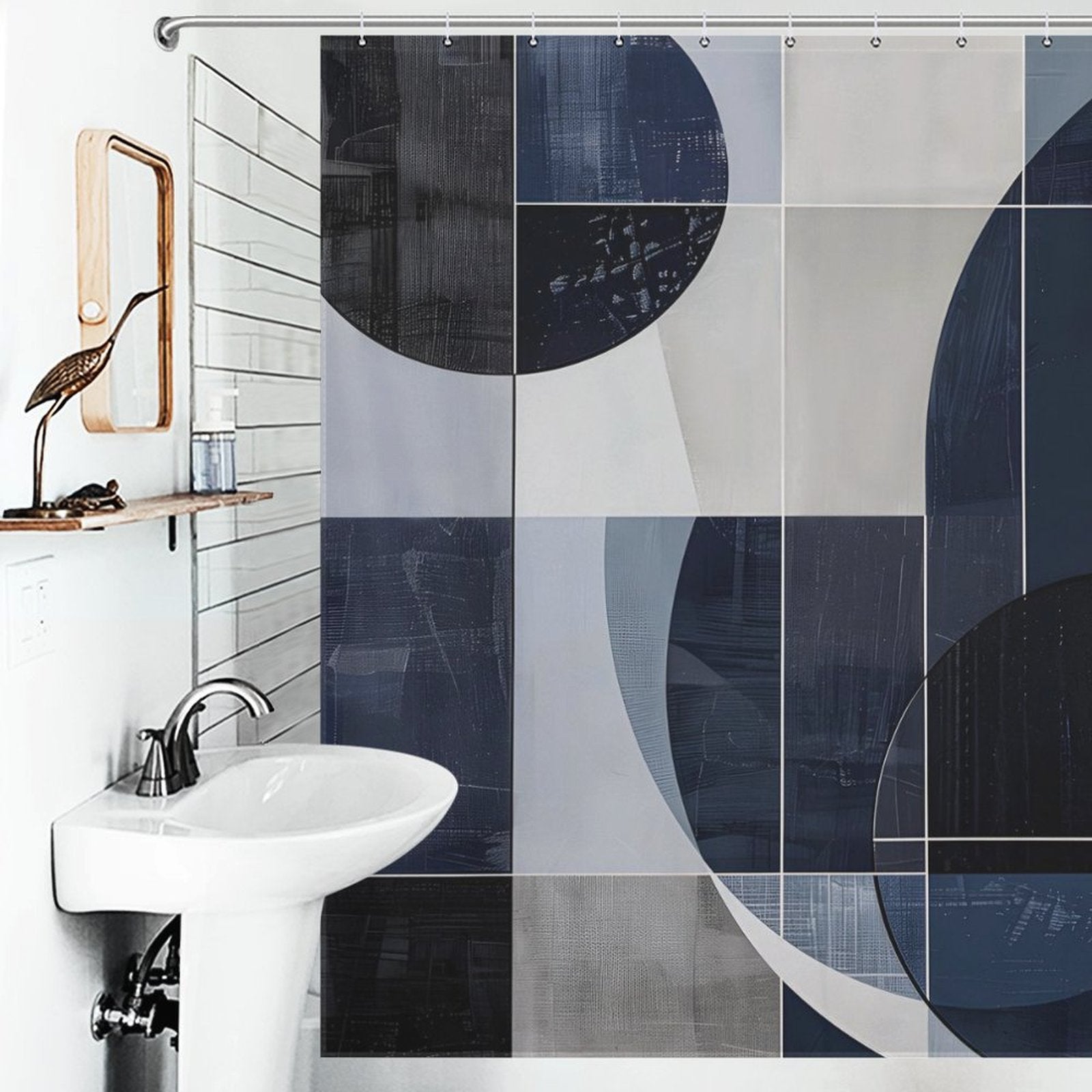 A bathroom with a white sink, wall-mounted mirror, soap dispenser, and a Cotton Cat Geometric Deep Blue Abstract Art Mid-Century Modern Style Shower Curtain-Cottoncat. The mid-century modern design adds a stylish touch to the serene space.