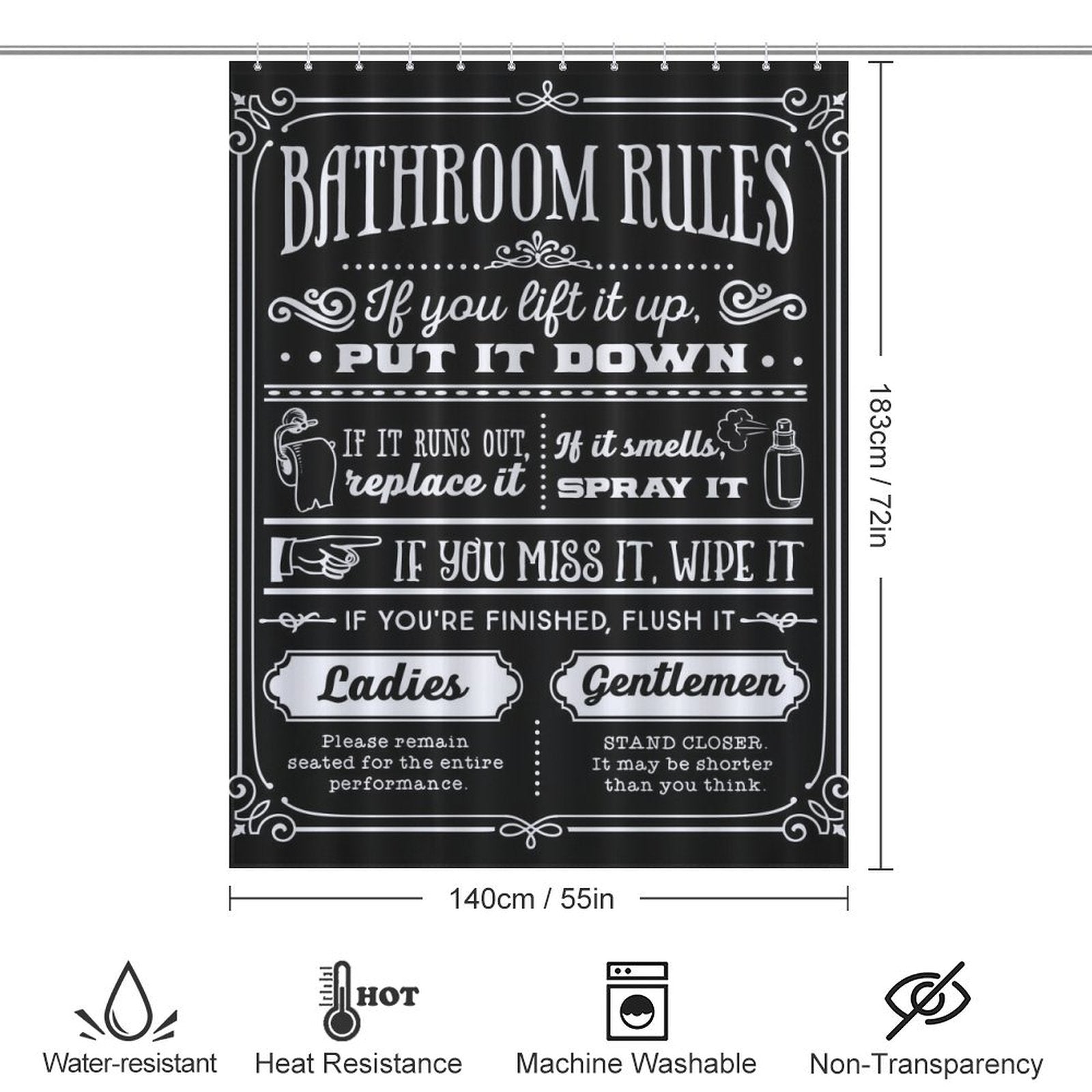 A waterproof black shower curtain featuring a Black and White Fable Motto with white text listing bathroom rules, including putting the seat down, replacing empty items, wiping misses, and flushing. It's the Funny Quotes Shower Curtain Back and White Fable Motto -Cottoncat by Cotton Cat with different instructions for ladies and gentlemen.