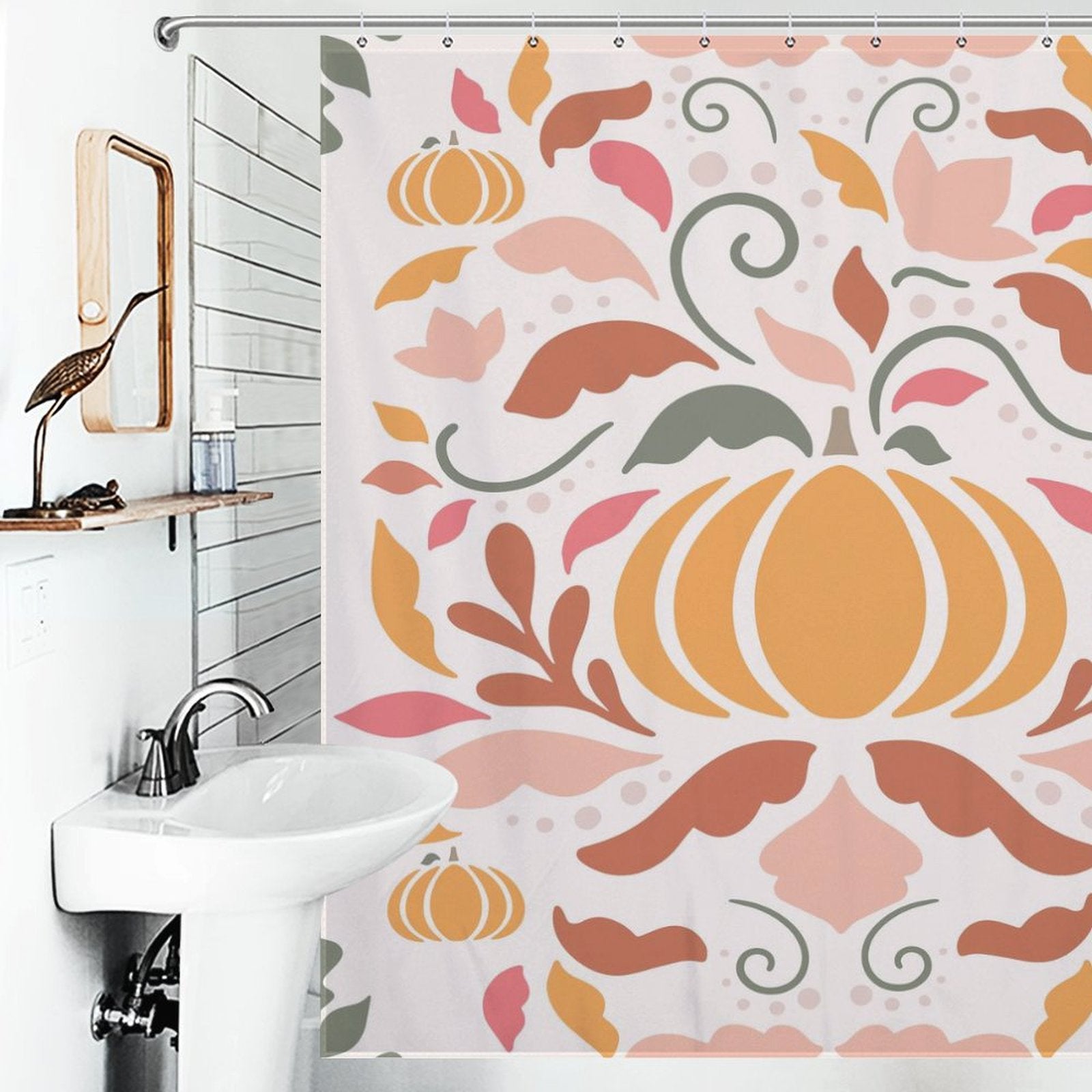 A bathroom featuring a white sink, a mirror with a bird sculpture, and a Boho Fall Pumpkins Pink Floral Shower Curtain-Cottoncat by Cotton Cat.