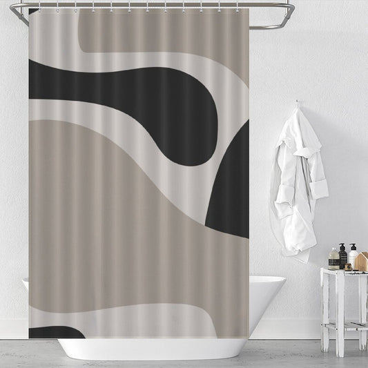 A bathroom with a white bathtub, a Cotton Cat Modern Geometric Art Minimalist Curve Beige Black and Grey Abstract Shower Curtain-Cottoncat, and white towels hanging on a hook. Various toiletries are on a small white table next to the tub.