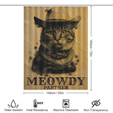 Cotton Cat Funny Cowboy Cool Meowdy Partner Cat Shower Curtain-Cottoncat featuring a funny cowboy cat wearing a hat with text "MEOWDY PARTNER." Dimensions: 183cm/72in (height) x 140cm/55in (width). Icons indicate it's water-resistant, heat-resistant, machine washable, and non-transparent.
